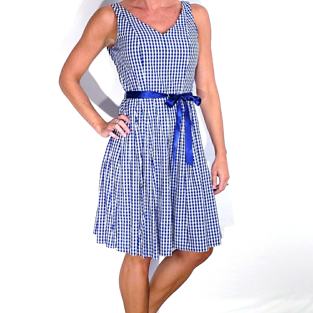 Nine West Retro Inspired Royal Blue/White Gingham Sleeveless Dress